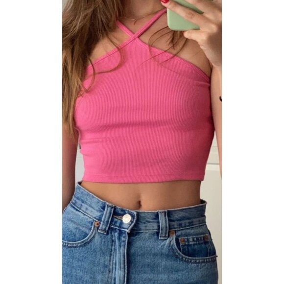Zara Pink Ribbed Sleeveless Halter Style Crop Top - Picture 1 of 6